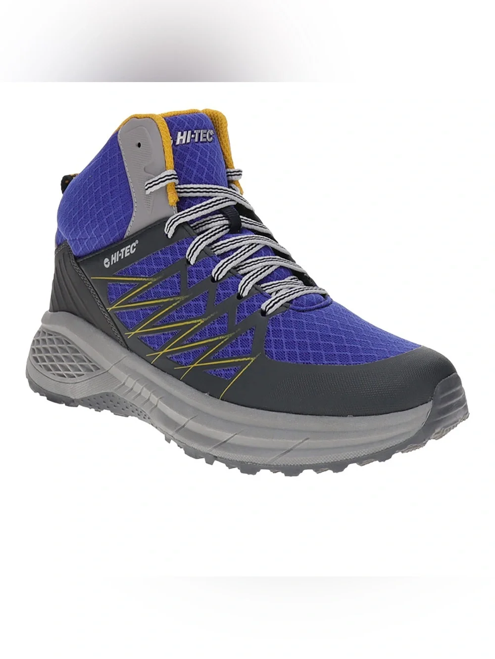 Hi-Tec Men's Blue and Gray Athletic Mid-Top Hiking Shoe with Yellow Accents